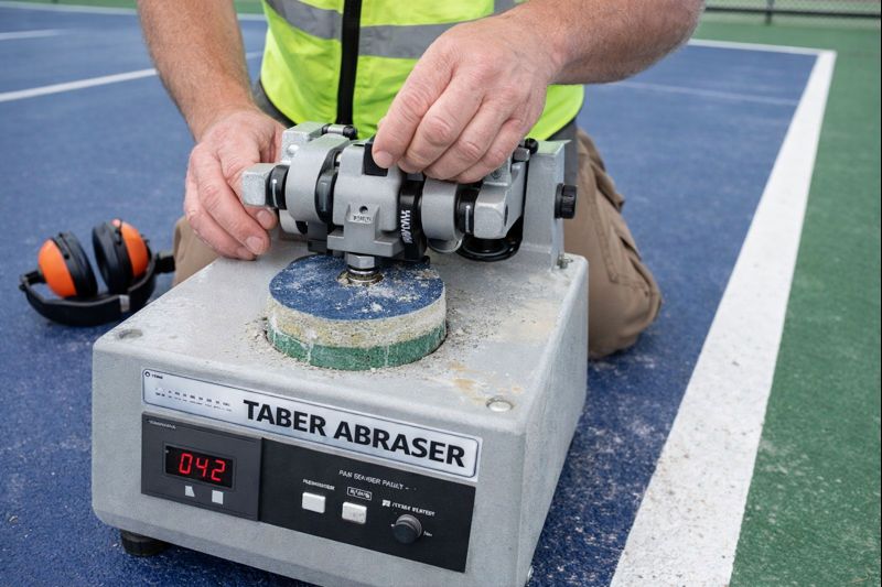 Thi công sân Pickleball chuẩn kỹ thuật 2026 | Tiêu chuẩn mặt sân, cấu tạo, thiết kế & báo giá sơn – nền – mái tre 13 Kiểm tra độ mài mòn trên bề mặt sân Pickleball