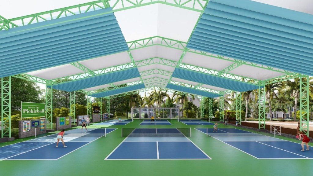 Thi công sân Pickleball chuẩn kỹ thuật 2026 | Tiêu chuẩn mặt sân, cấu tạo, thiết kế & báo giá sơn – nền – mái tre 10 Mái tre sân Pickleball